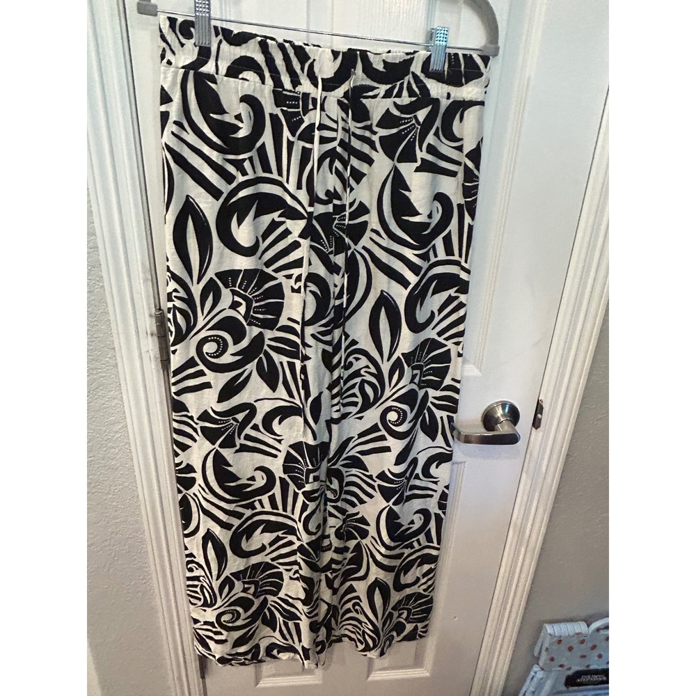 Peach Wide Leg Pants Black White Abstract Tropical Print‎ Drawstring Resort Wear